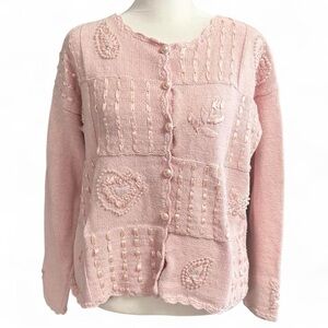 Vintage Pink Embroidered Cardigan Sweater Medium Cottagecore Knit
